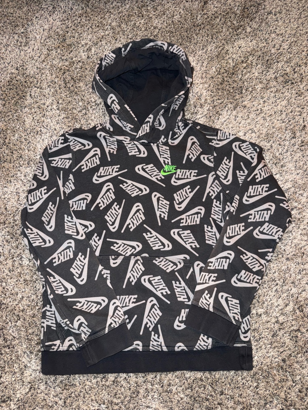 Nike Black Hoodie with White All-Over Swoosh Print and Neon Green Accent Youth L